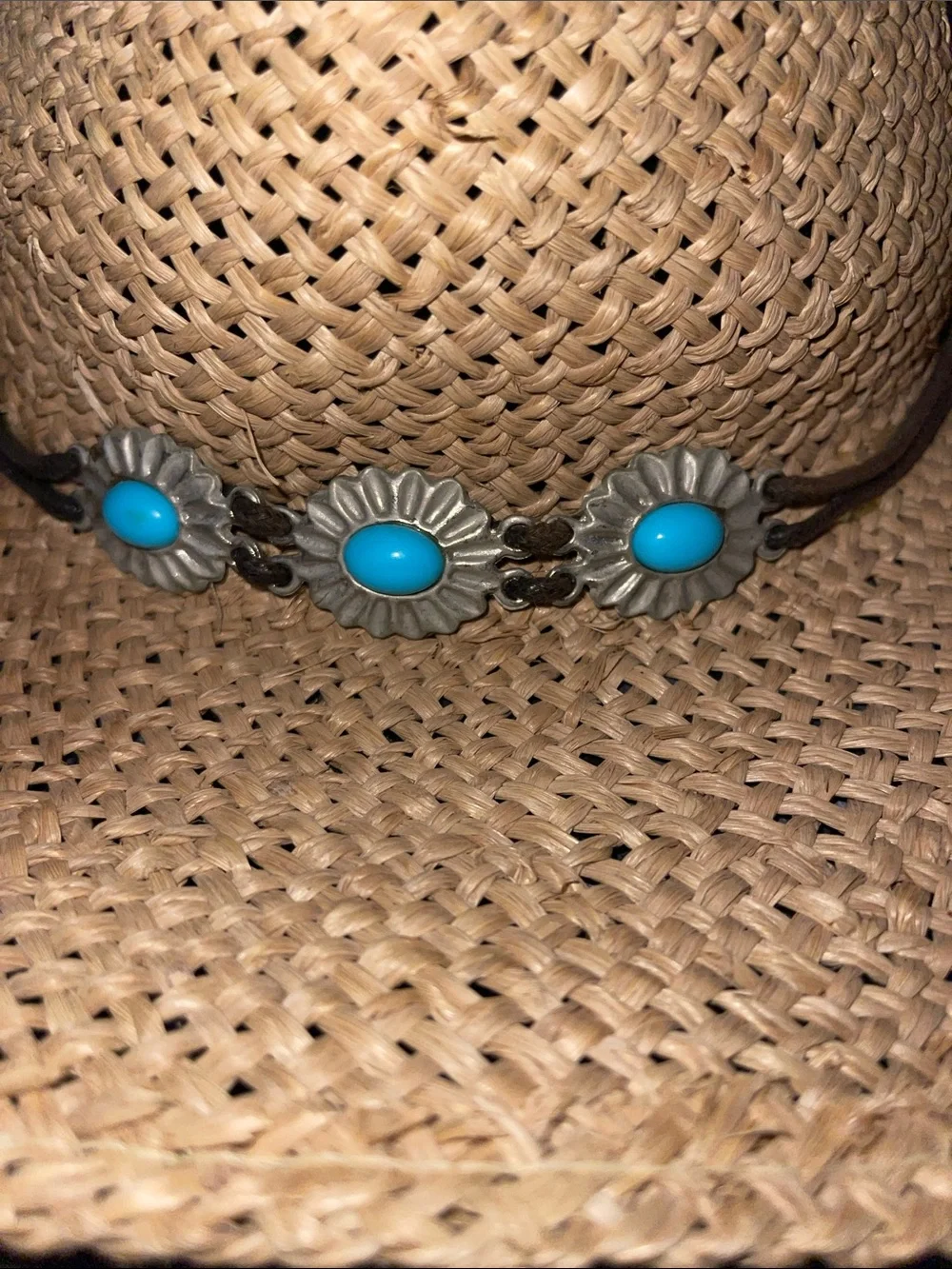 Women's Straw Cowboy Hat with Turquoise Accents - Natural